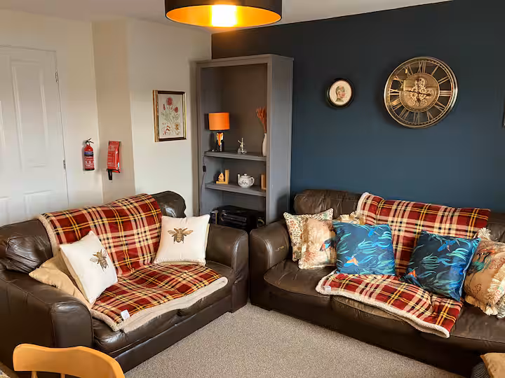 Living room with two brown leather sofas, red tartan throws and a brass pendant lamp.